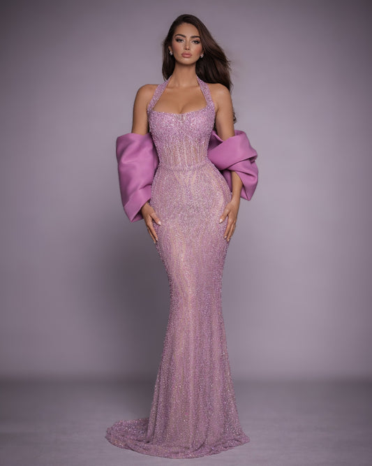 Lilac Crystal Halter Gown with Sculptural Sleeves