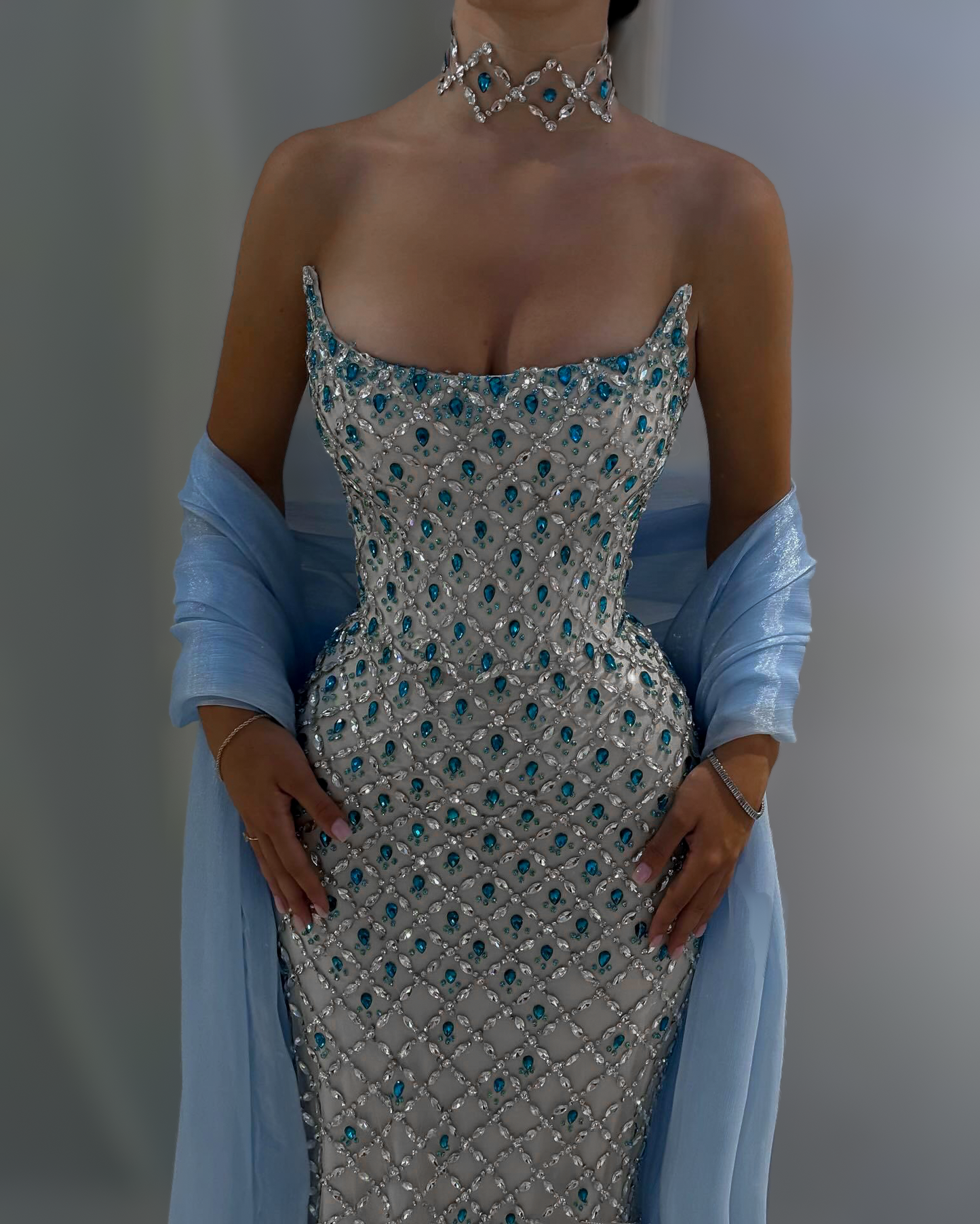Ice Blue Crystal Column Gown With Draped Shawl