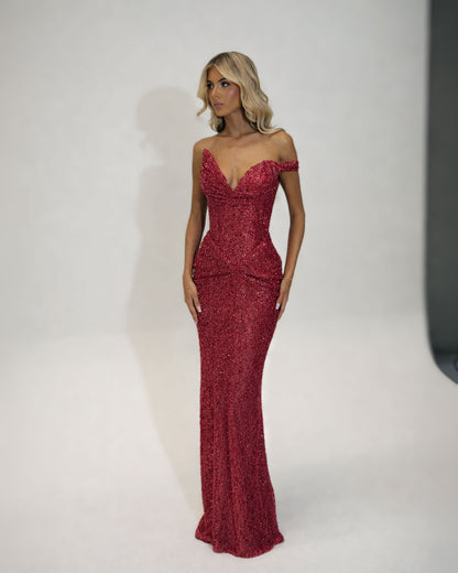 Red Beaded Corset Evening Gown with Off Shoulder Neckline