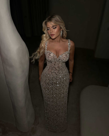 Champagne Crystal Beaded Corset Evening Gown