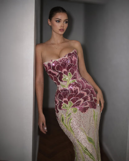 Strapless Floral Sequin Mermaid Evening Gown in Blush and Burgundy