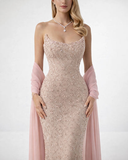 Blush Floral Embellished Evening Gown with Chiffon Draped Sleeves
