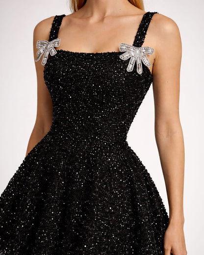 Black Embellished Bow Strap Mini Dress