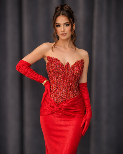 Red Satin Corset Mermaid Evening Gown with Crystal Bodice and Gloves