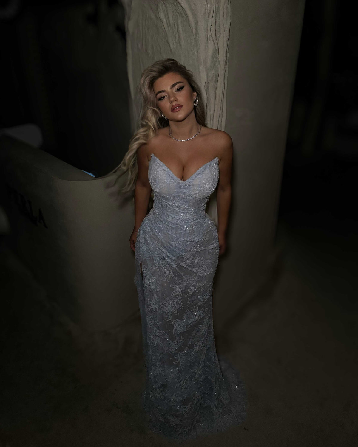 Ice Blue Lace Strapless Corset Evening Gown with Slit