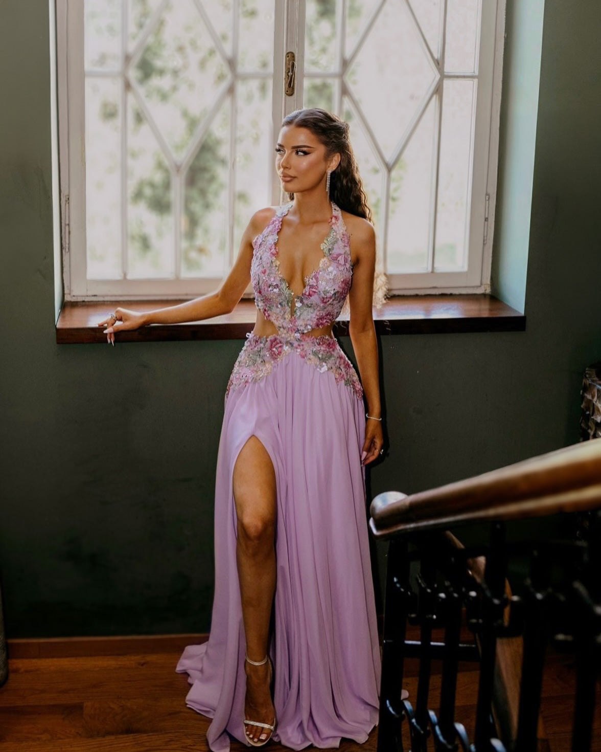 Lilac Floral Embellished Halter Cutout Gown