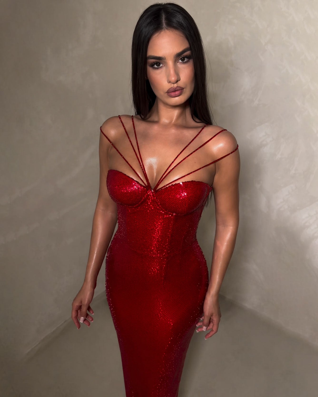Red Crystal Strap Mermaid Evening Gown
