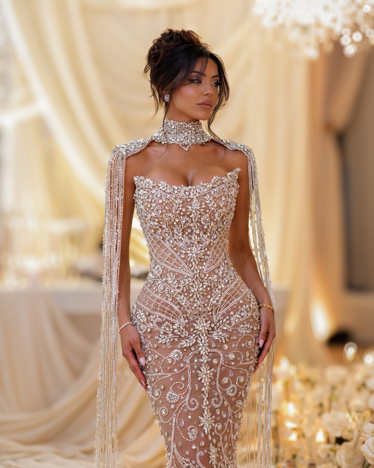 Champagne Lace Illusion Corset Gown with Beaded Choker Cape