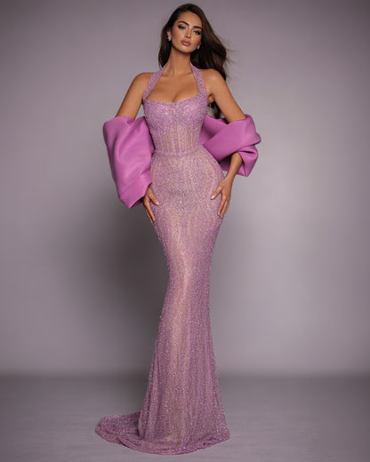 Lilac Crystal Halter Gown with Sculptural Sleeves