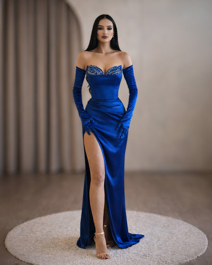 Royal Blue Crystal Corset Gown with Off-Shoulder Gloves