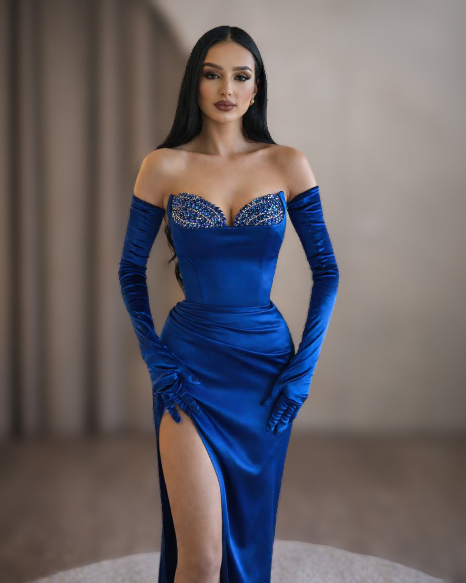 Royal Blue Crystal Corset Gown with Off-Shoulder Gloves