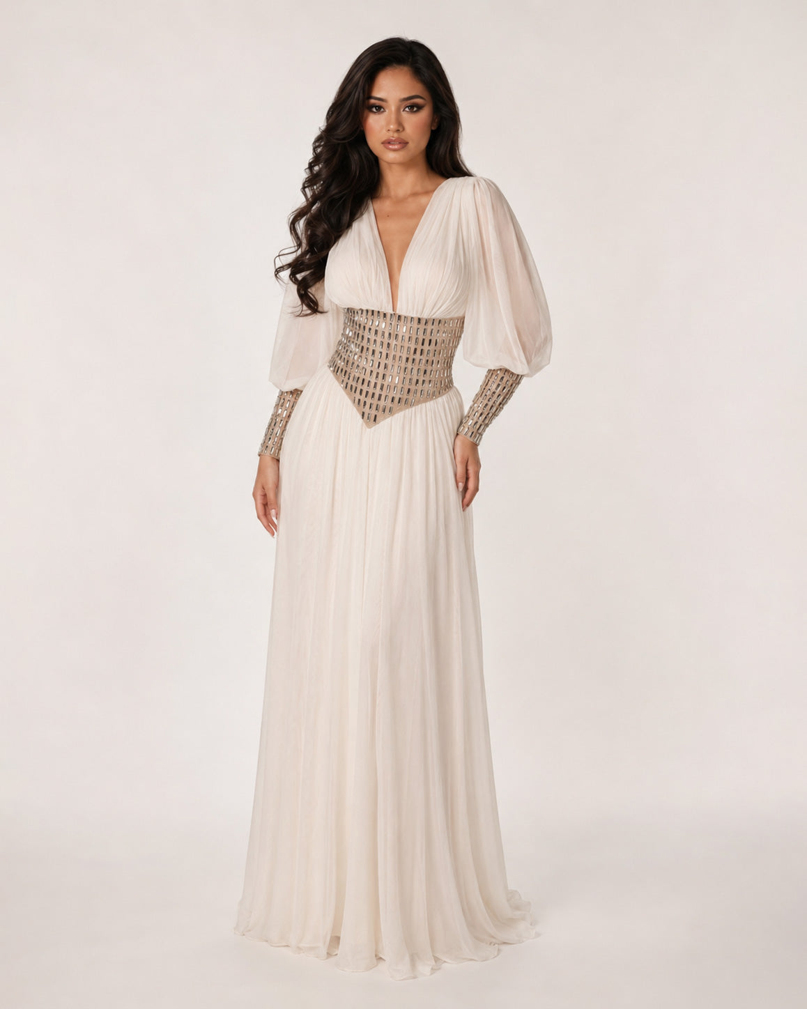 Ivory Chiffon Crystal Corset Long Sleeve Gown