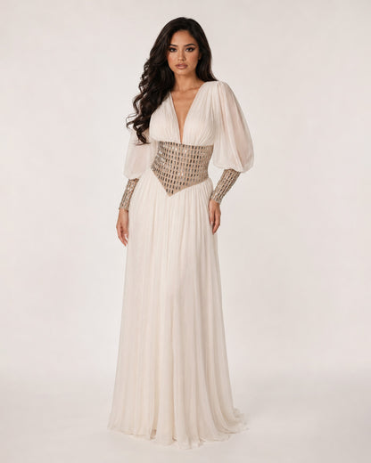 Ivory Chiffon Crystal Corset Long Sleeve Gown
