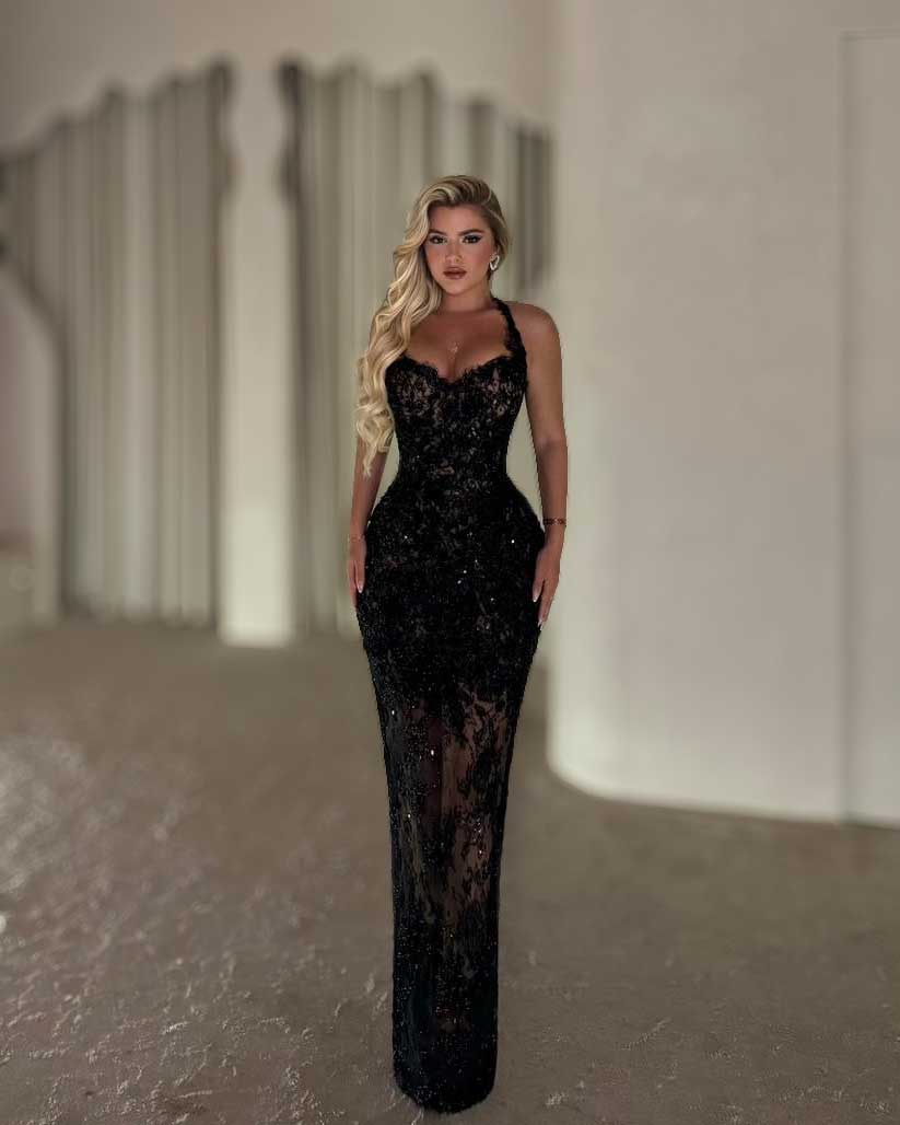 Black Lace Halter Corset Evening Gown