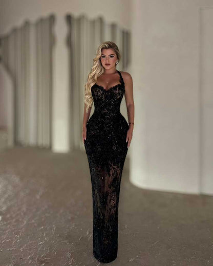 Black Lace Halter Corset Evening Gown