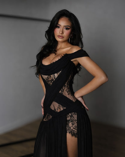 Black Lace Corset Evening Gown with Sheer Panels and High Slit
