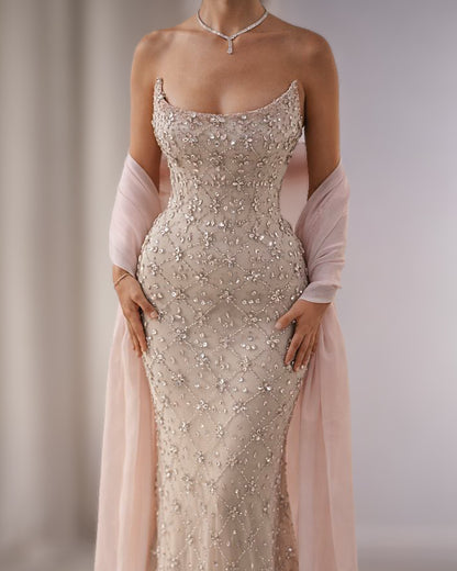 Blush Crystal Corset Column Gown