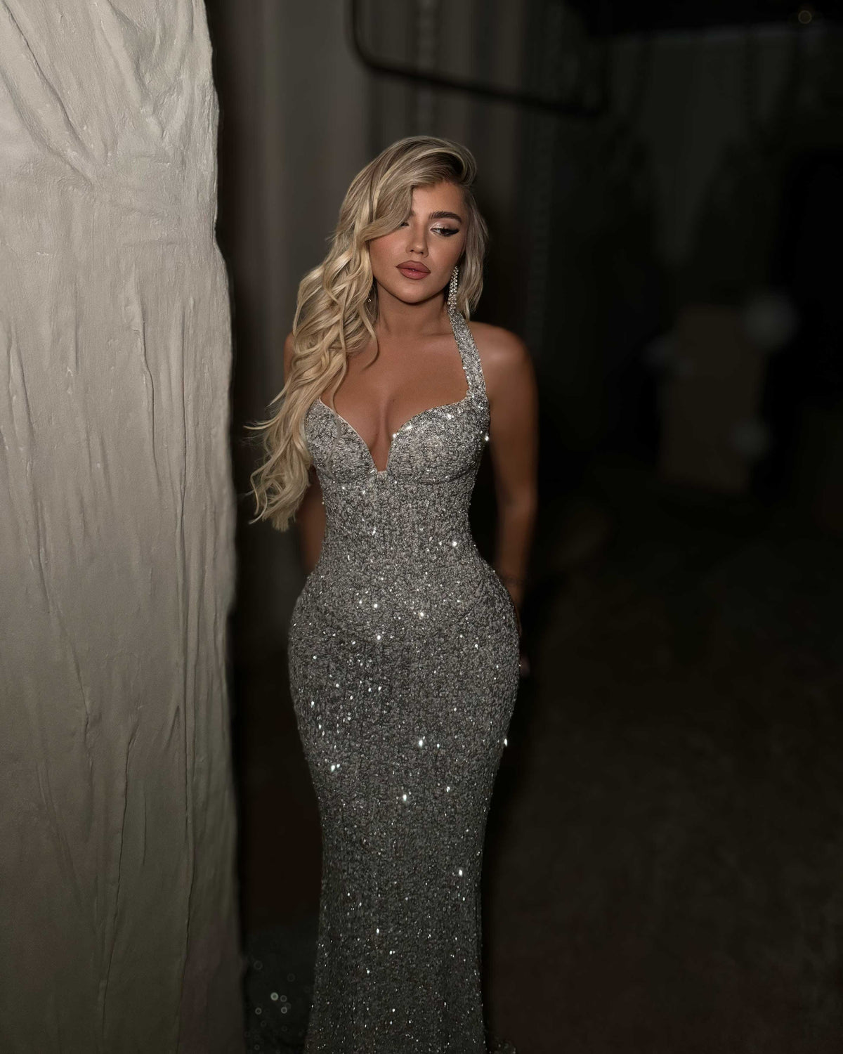 Silver Crystal Halter Corset Mermaid Evening Gown