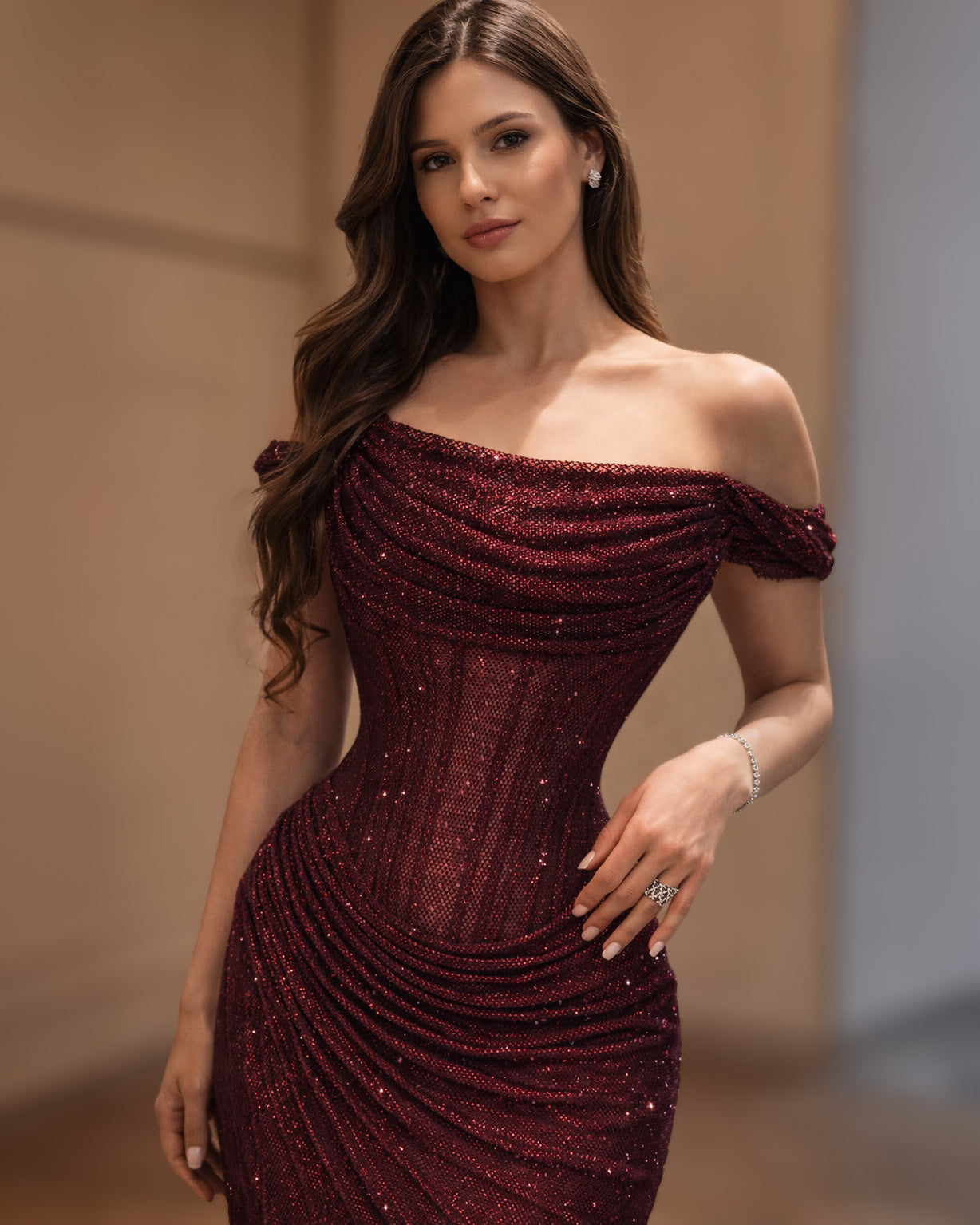 Burgundy Off Shoulder Corset Evening Gown with Draped Bodice