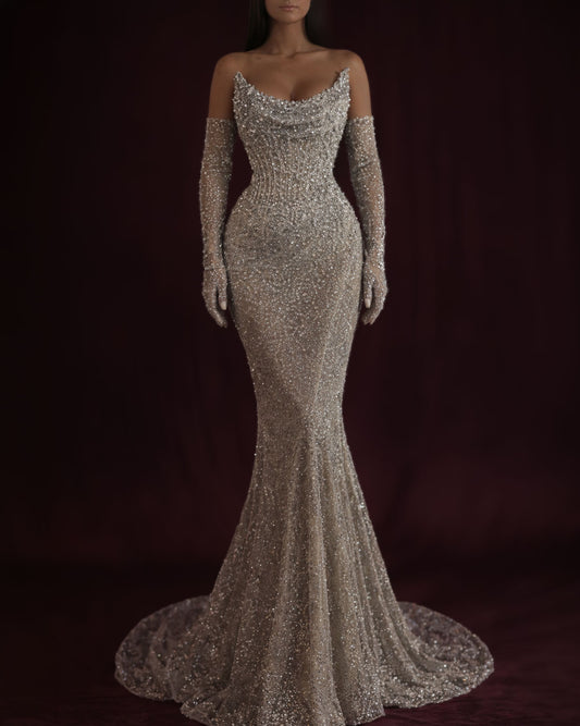 Champagne Crystal Embellished Corset Mermaid Gown with Gloves