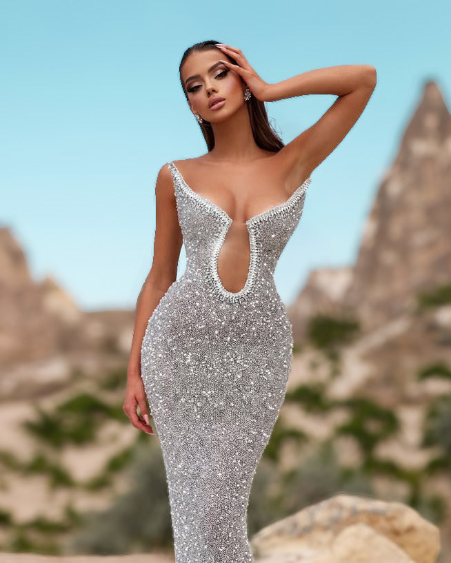 Silver Crystal Cutout Corset Evening Gown