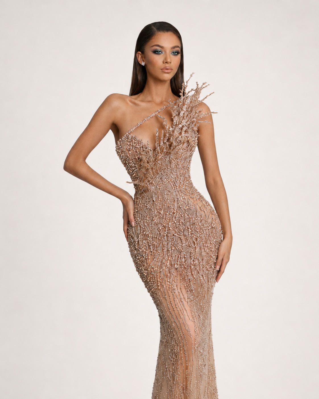Nude One Shoulder Crystal Beaded Couture Mermaid Gown