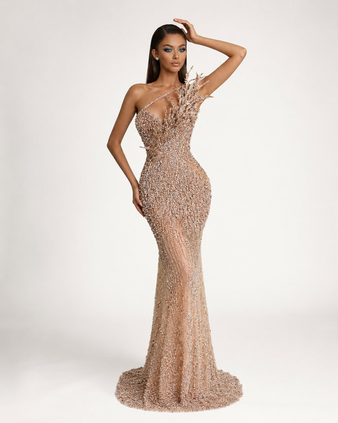 Nude One Shoulder Crystal Beaded Couture Mermaid Gown