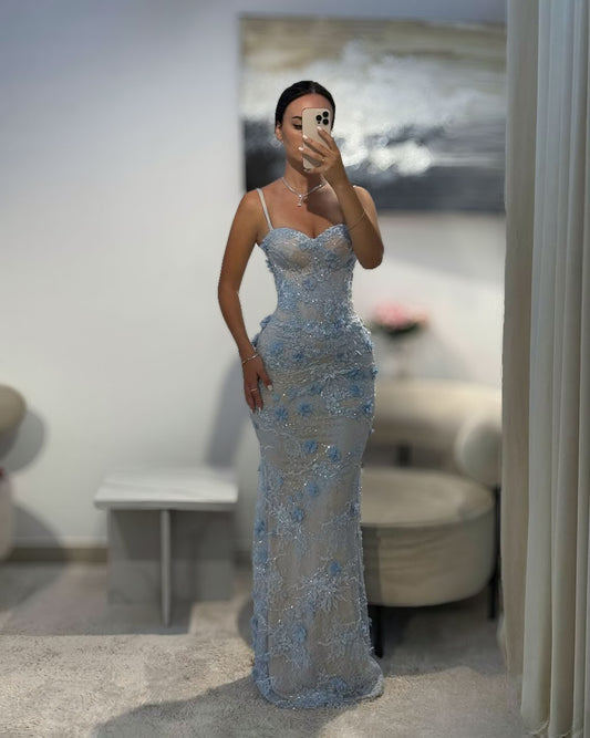 Ice Blue 3D Floral Lace Mermaid Gown With Corset Back
