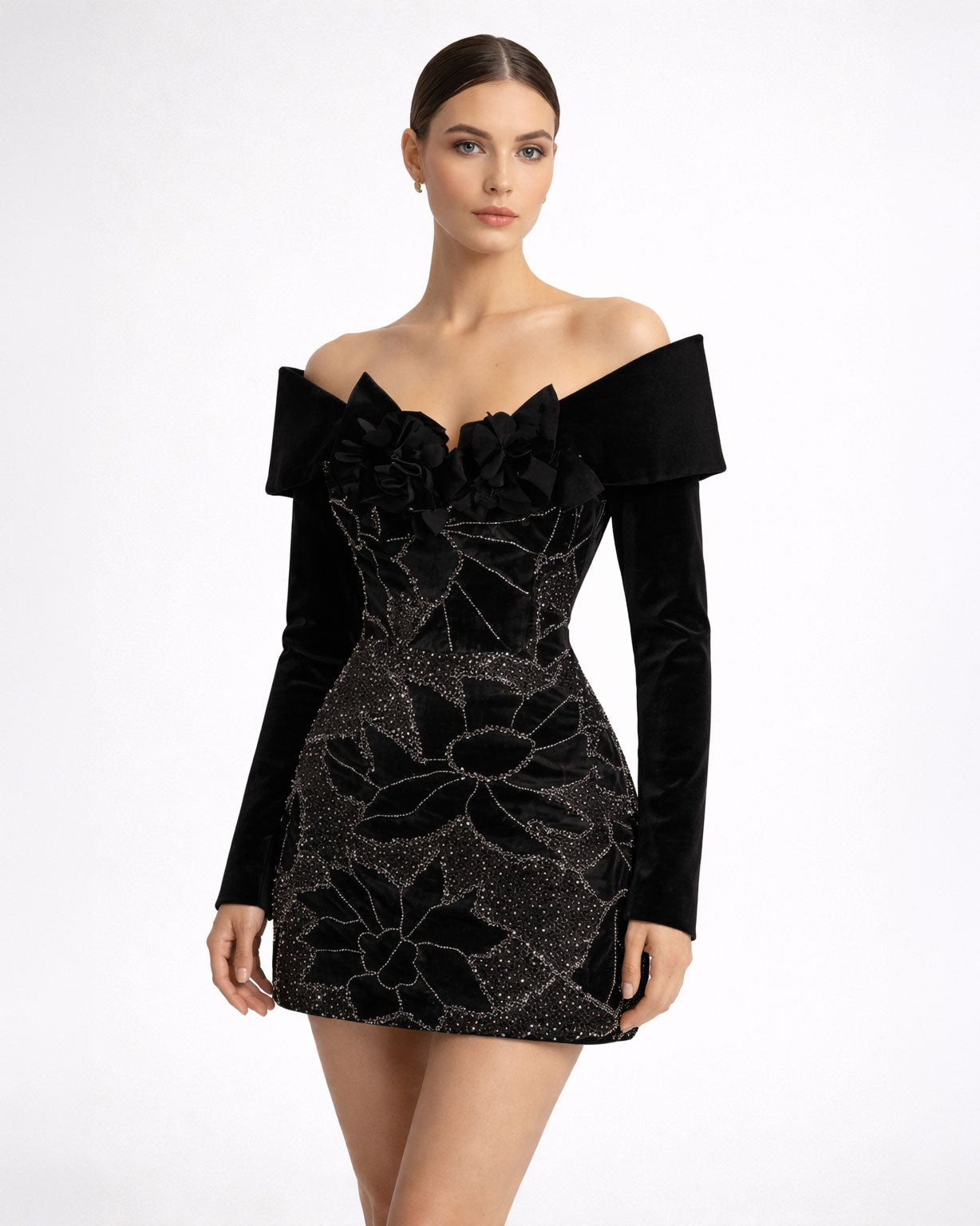 Black Off-Shoulder Embellished Long Sleeve Mini Dress