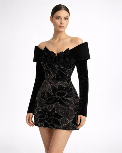 Black Off-Shoulder Embellished Long Sleeve Mini Dress