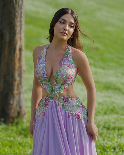Lavender Floral Halter Cutout Evening Gown