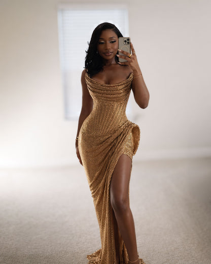Gold Sequin Draped Corset Gown with High Slit