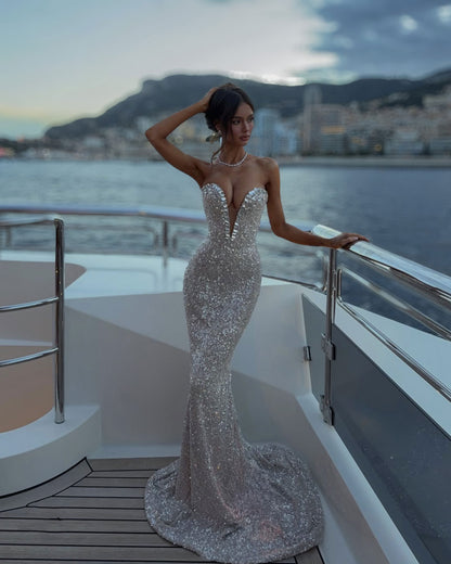 Silver Crystal Draped Strapless Corset Gown