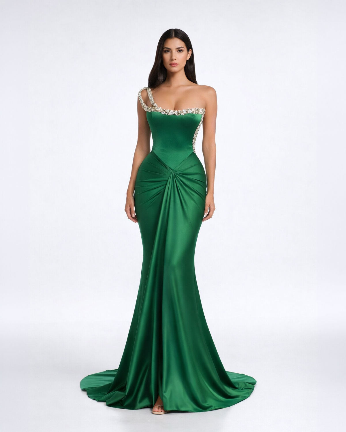 Emerald One-Shoulder Satin Mermaid Gown