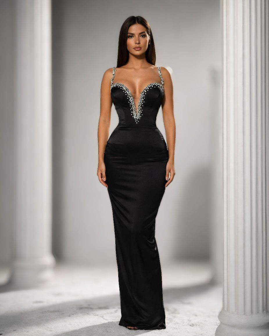 Black Crystal Strap Plunge Gown with Sculpted Silhouette