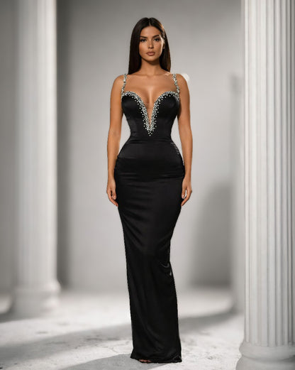 Black Crystal Strap Plunge Gown with Sculpted Silhouette