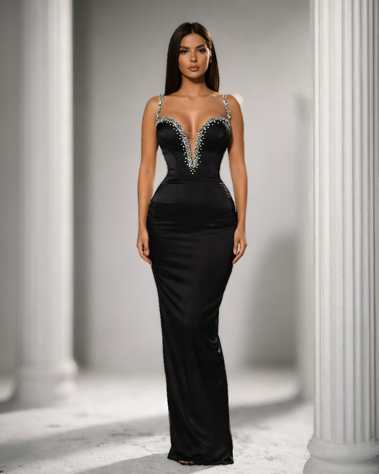 Black Crystal Strap Plunge Gown with Sculpted Silhouette