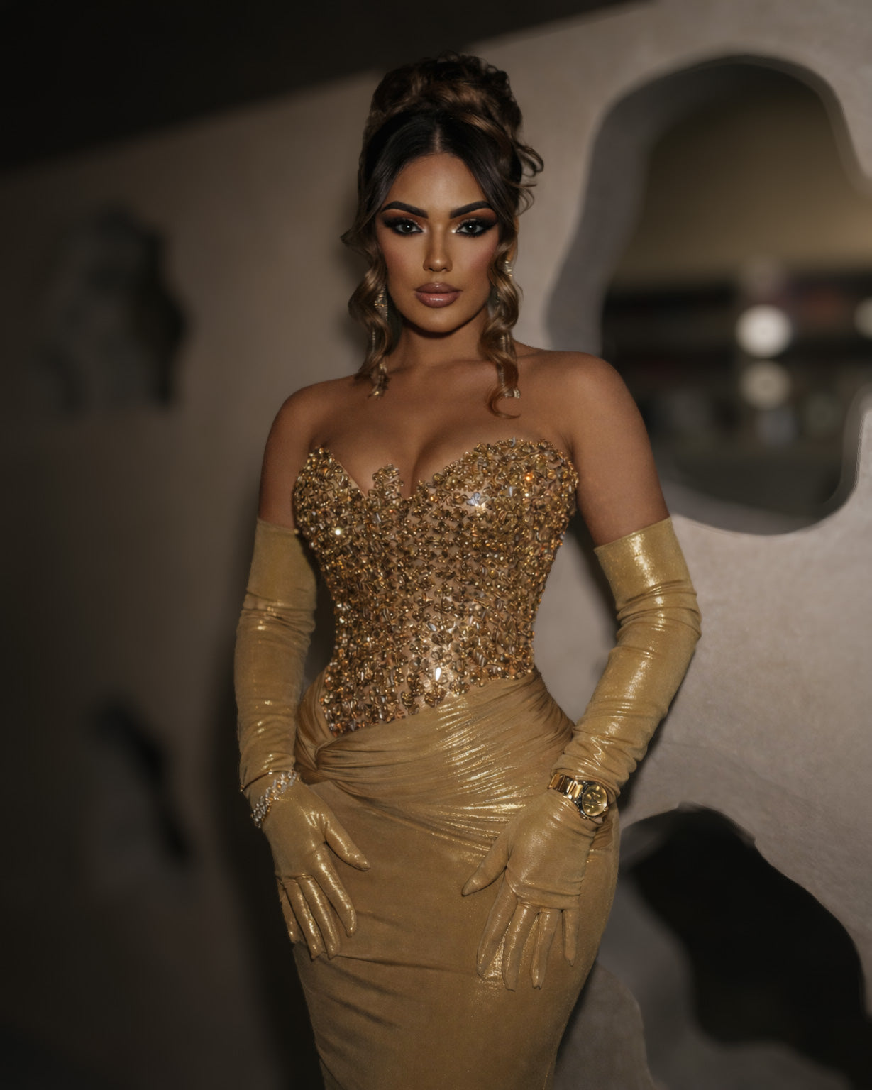 Gold Crystal Corset Latex Gown