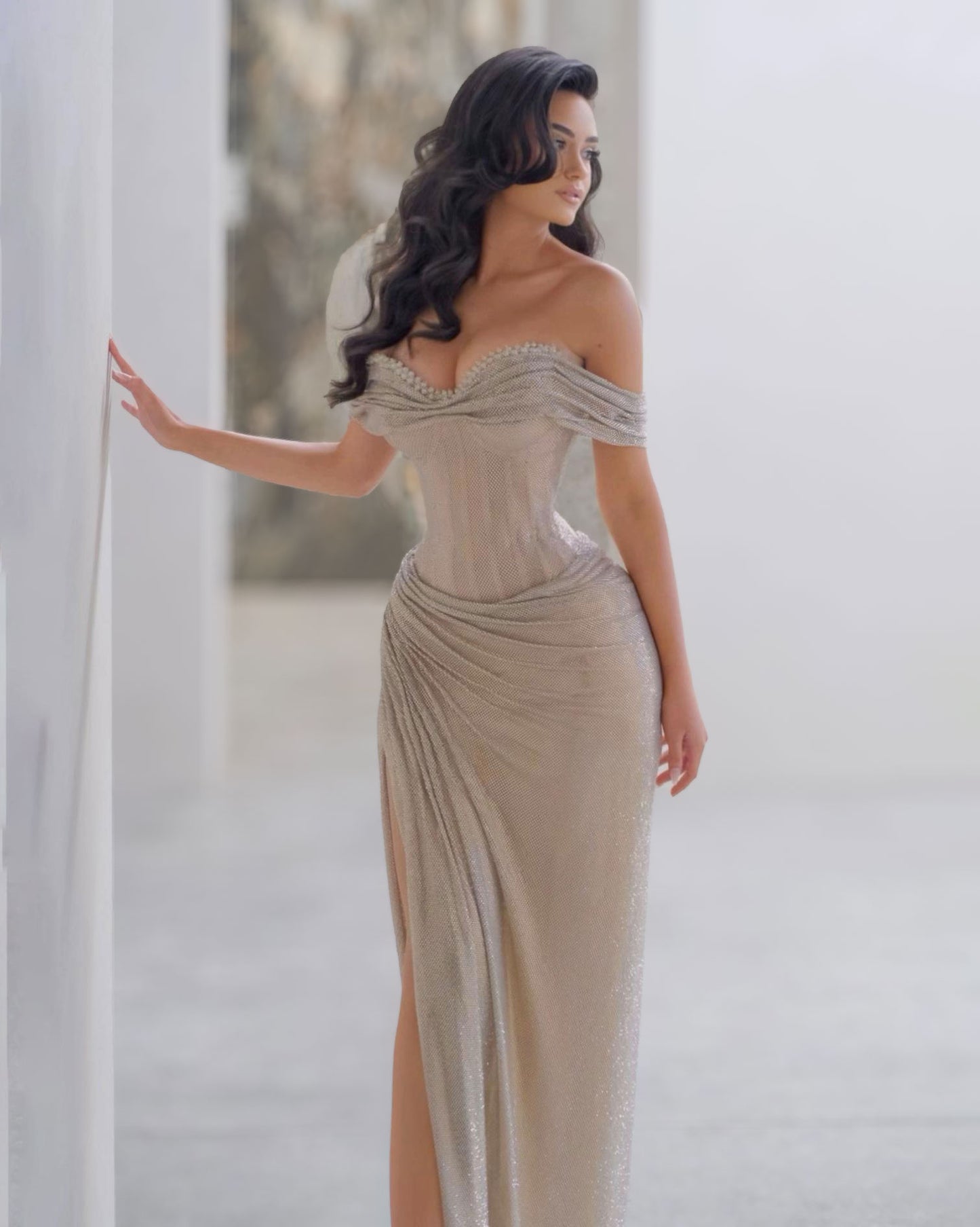 Champagne Off Shoulder Crystal Slit Gown