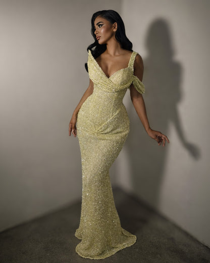 Lemon Gold Beaded Off Shoulder Mermaid Evening Gown