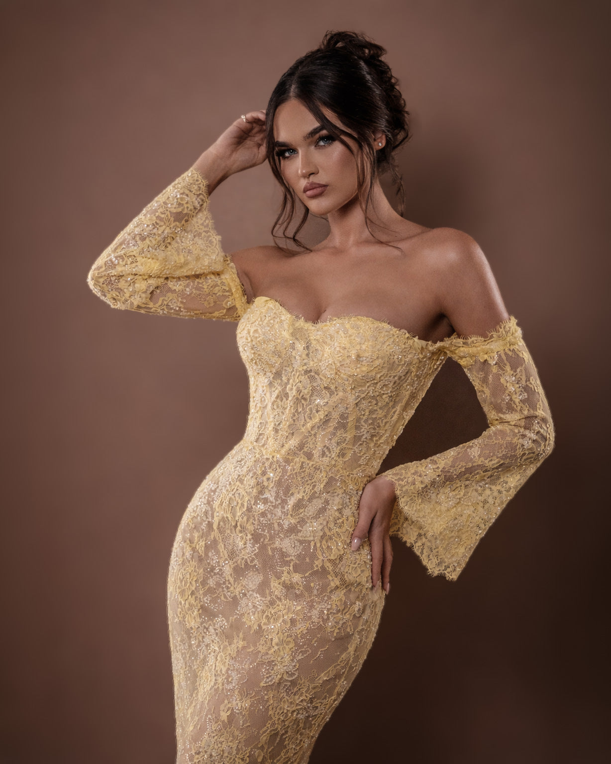 Butter Yellow Off-Shoulder Lace Mermaid Gown