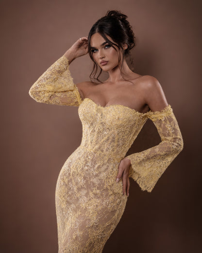 Butter Yellow Off-Shoulder Lace Mermaid Gown