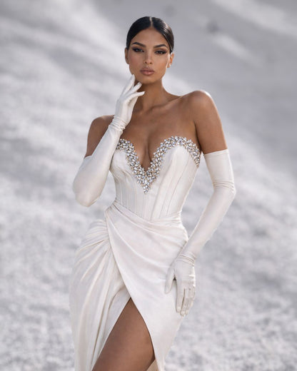Ivory Crystal Corset Gown with Draped Skirt, Gloves and High Slit