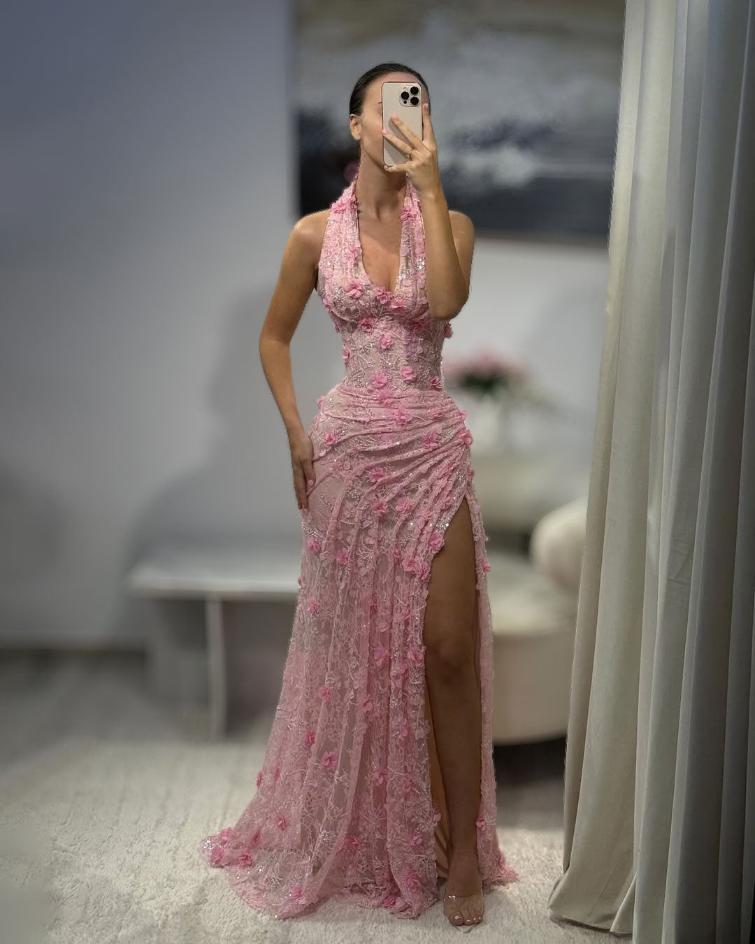 Pink Floral Lace Halter Couture Gown With High Slit