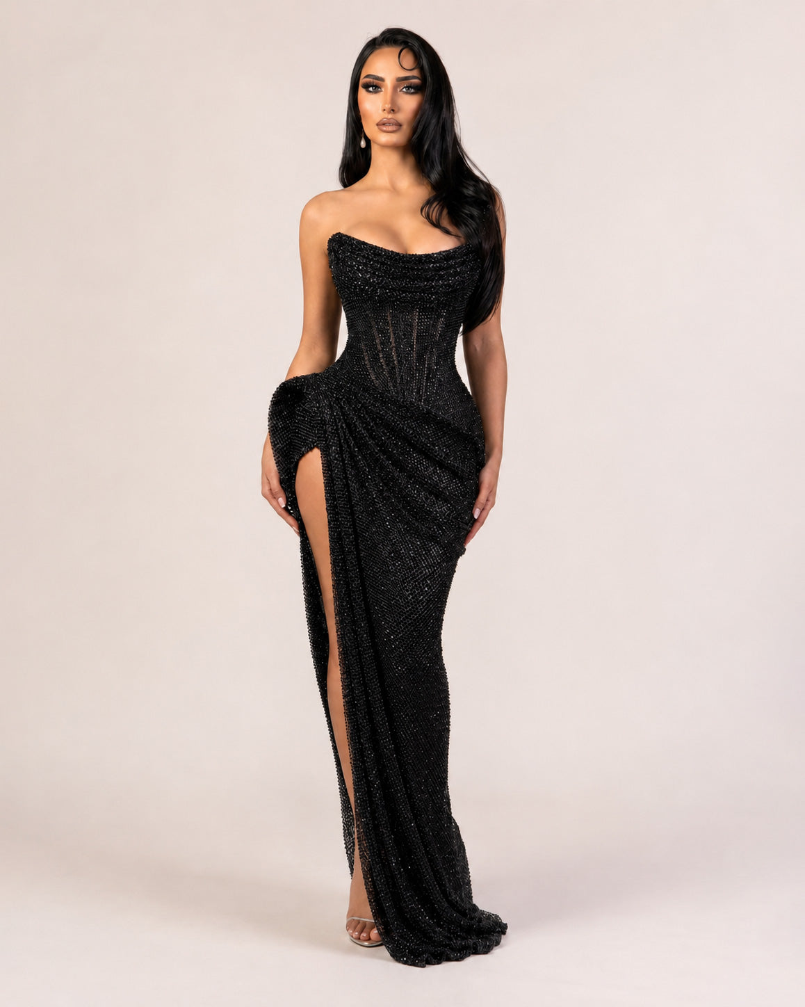 Black Crystal Corset Draped High-Slit Gown