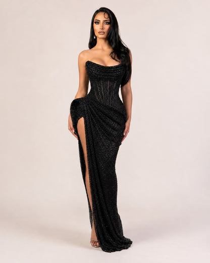 Black Crystal Corset Draped High-Slit Gown