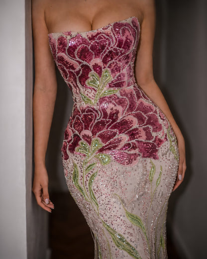 Strapless Floral Sequin Mermaid Evening Gown in Blush and Burgundy