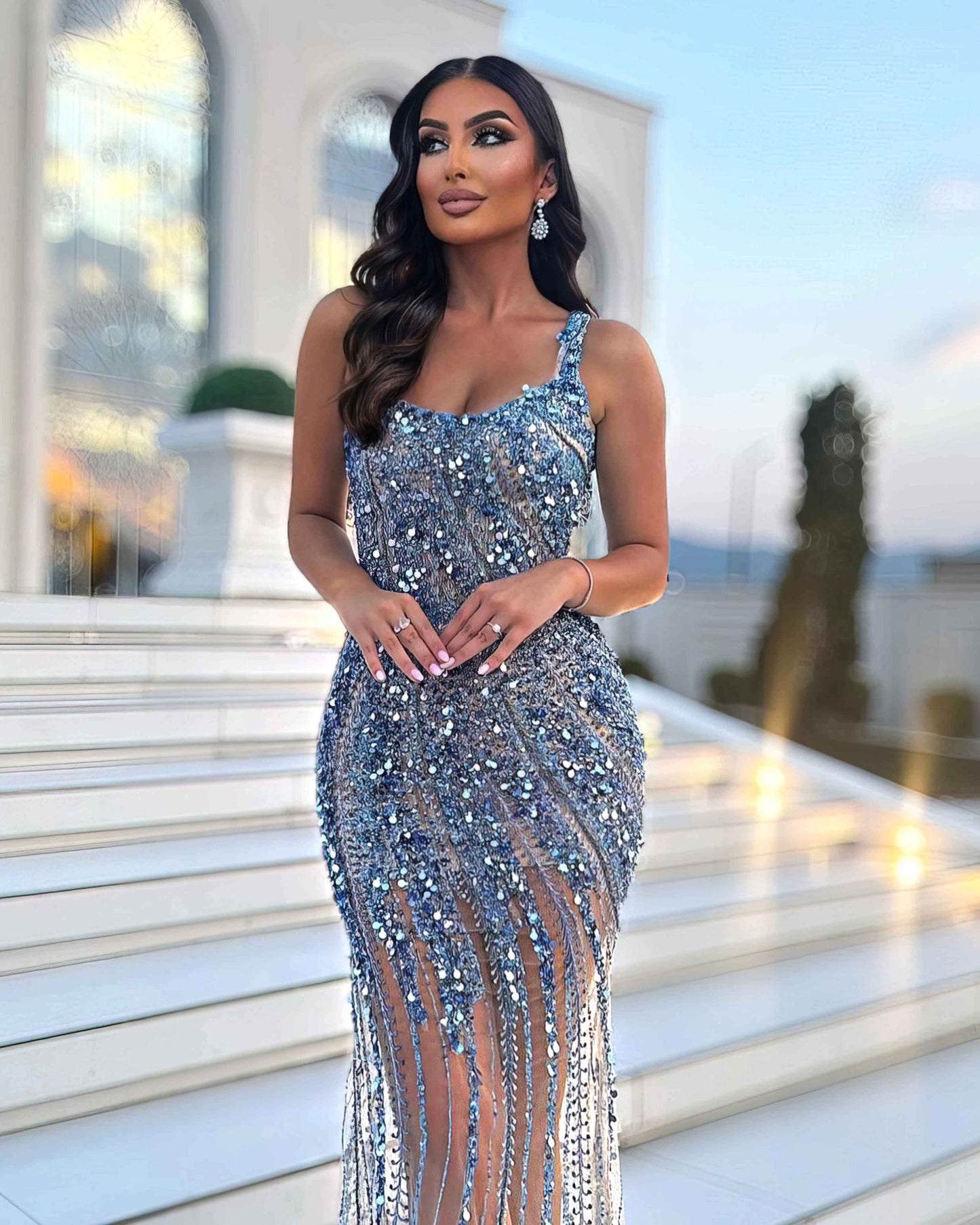 Midnight Blue Crystal Corset Column Gown