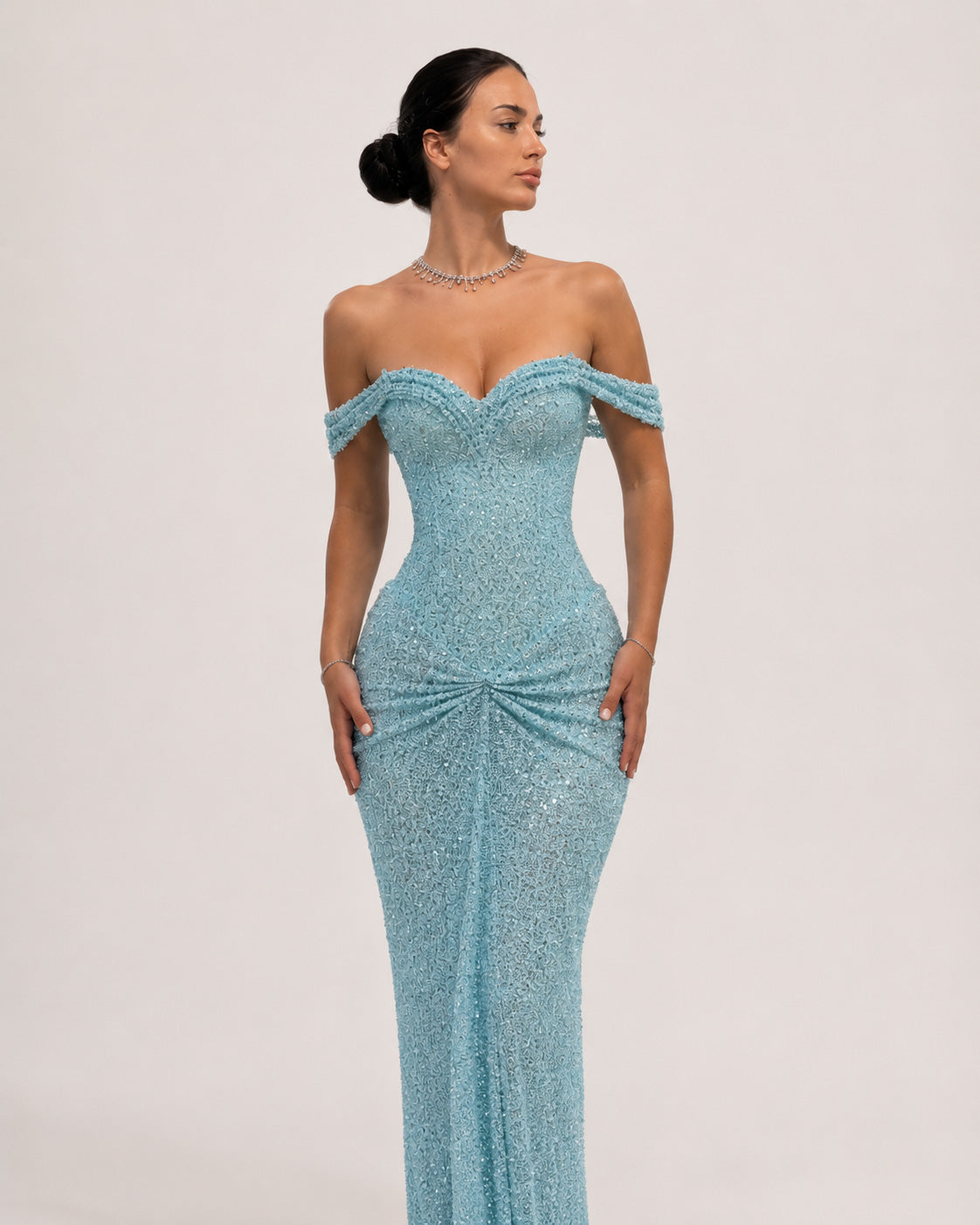 Ice Blue Sequin Off Shoulder Corset Prom Dress