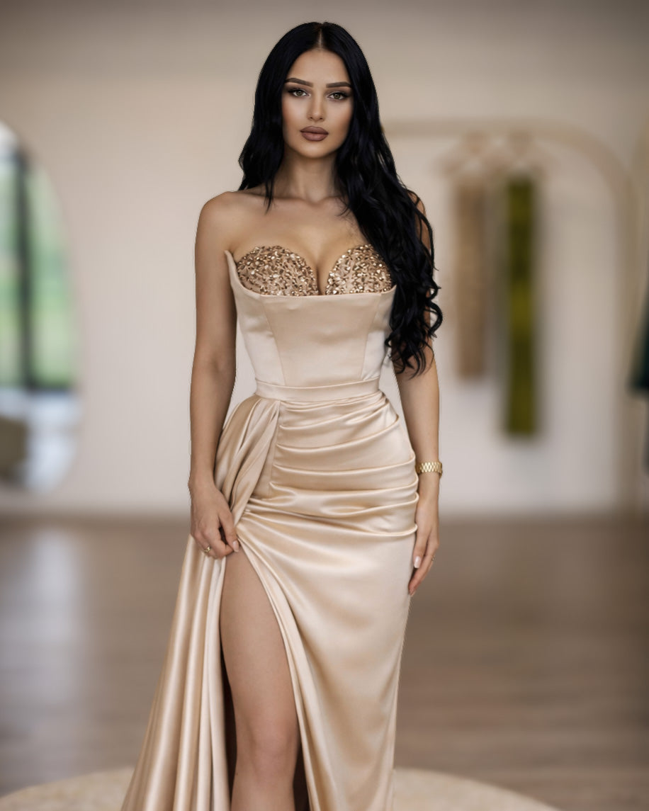 Champagne Crystal Corset Gown with High Slit